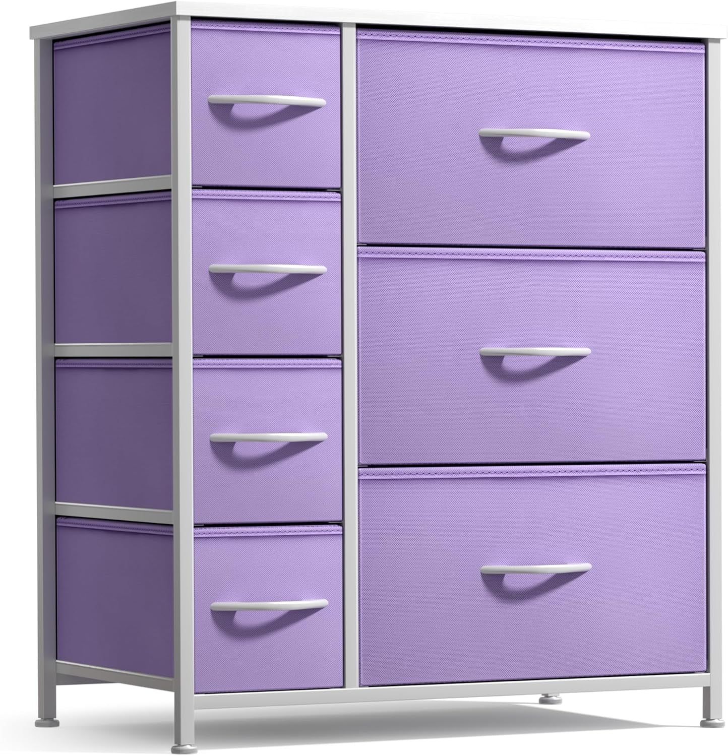 Dresser with 7 Drawers - Furniture Storage Chest for Kid’S, Teens, Bedroom, Nursery, Playroom, Clothes, Toys - Steel Frame, Wood Top, Tie-Dye Fabric Bins (7-Drawer, Pastel Purple)