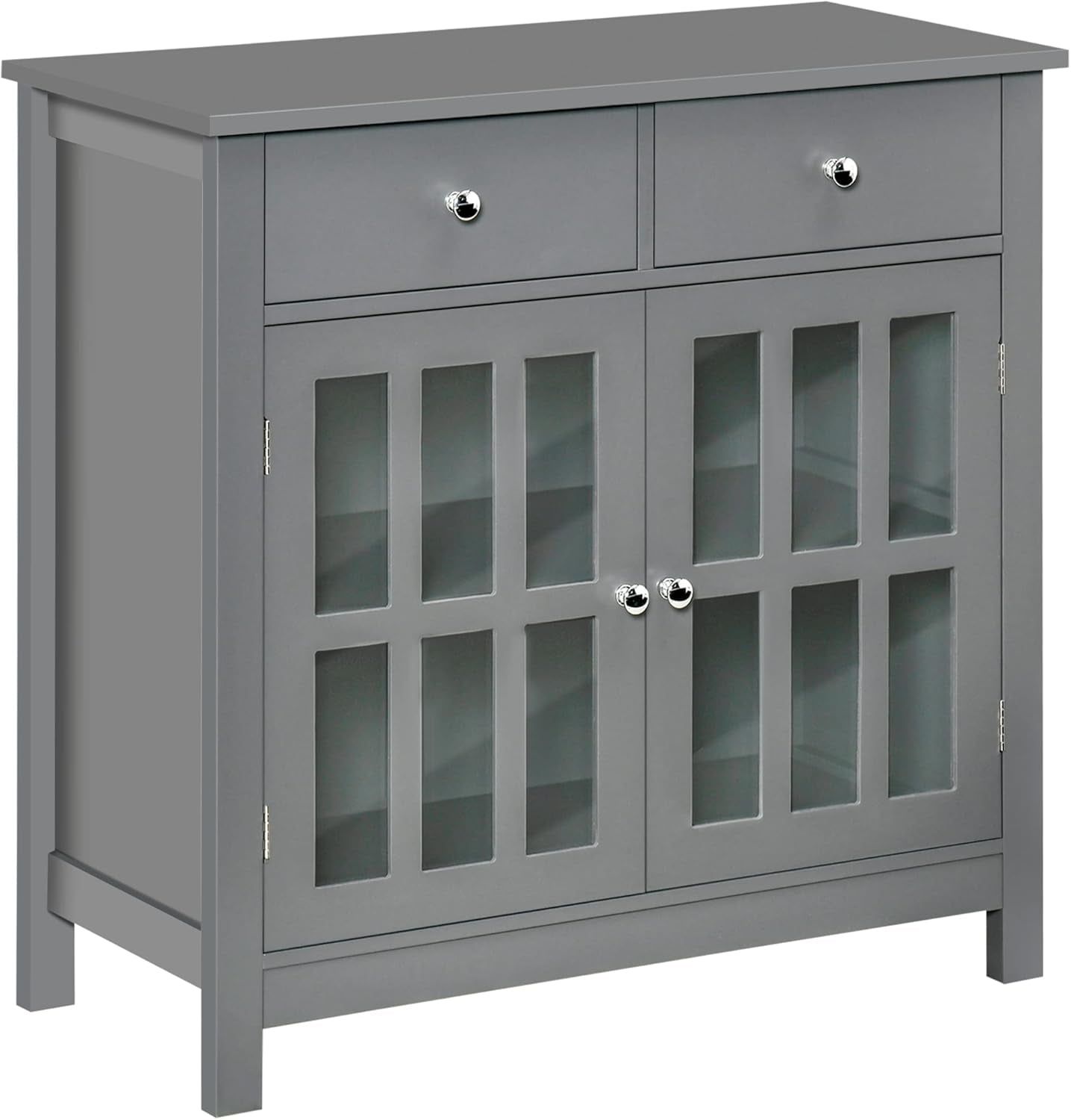 Sideboard Buffet Cabinet, Accent Kitchen Cabinet with Glass Doors, Adjustable Shelf and 2 Drawers for Kitchen, Gray