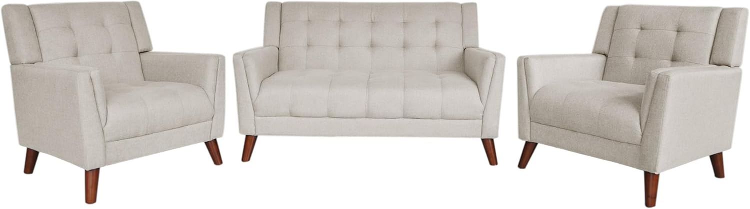 Evelyn Mid Century Modern Fabric Arm Chair and Loveseat Set, Beige, Walnut
