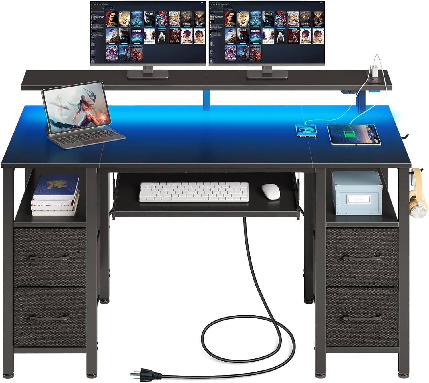 Computer Desk 47.2&quot; with LED Lights &amp; Power Outlets, Home Office Desk with 4 Drawers, Writing Desk with Keyboard Tray, Study Desk with Monitor Stand, Work Desk for Home Office, Black