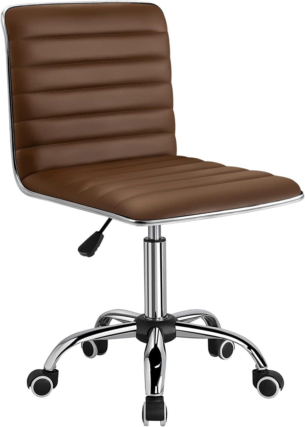 Mid Back Task Chair, Low Back Leather Swivel Office Chair, Vanity Chair for Makeup Room, Computer Desk Chair Retro with Armless Ribbed (Brown)