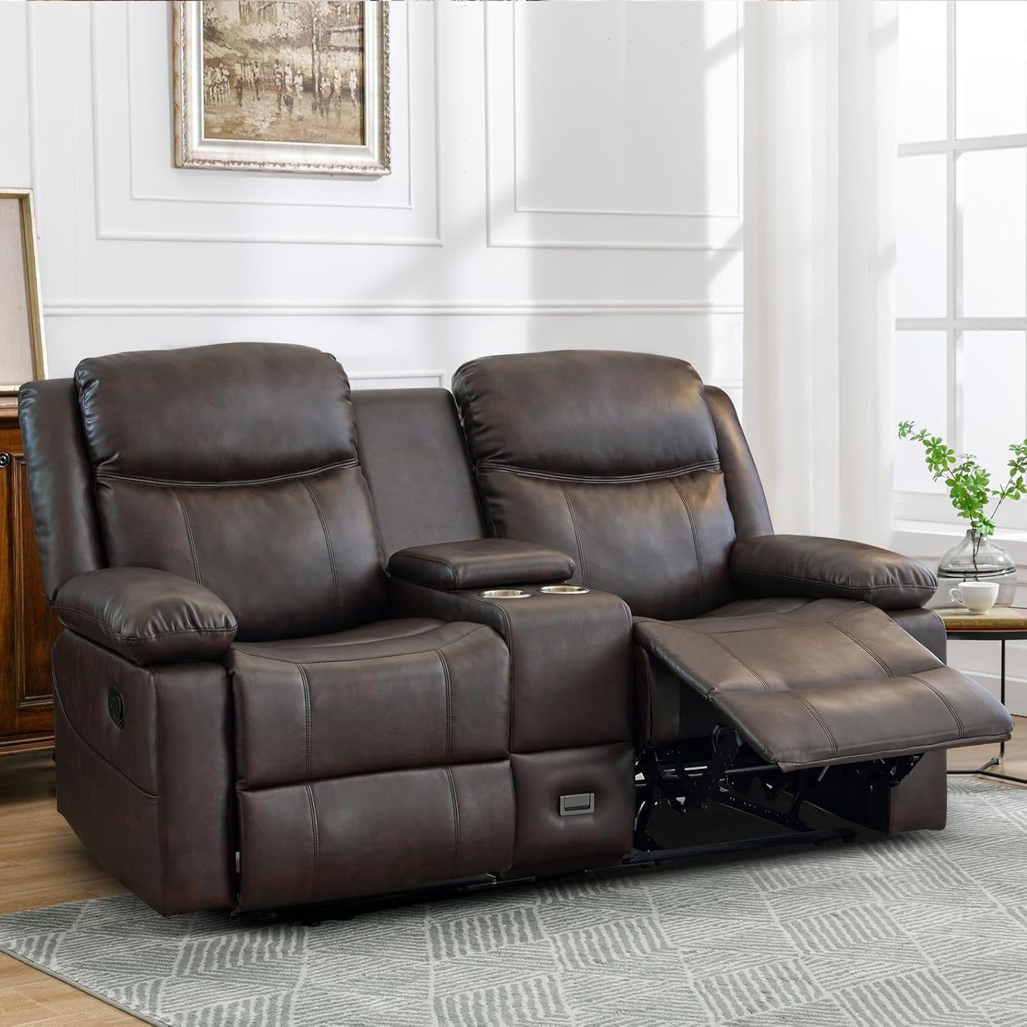 Loveseat Recliner, Reclining Loveseat with Console, Double Reclining Loveseat, 2 Seater Manual Reclining Couch for Living Room, Office, Home Theater(Pu-Brown)