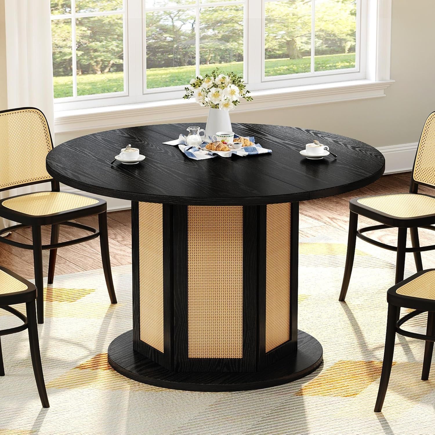 round Dining Table for 4-6 People 47 Inch Circle Dining Table with Wooden Rattan Base Modern Farmhouse Kitchen Table round for Dining Room Kitchen Apartment Black