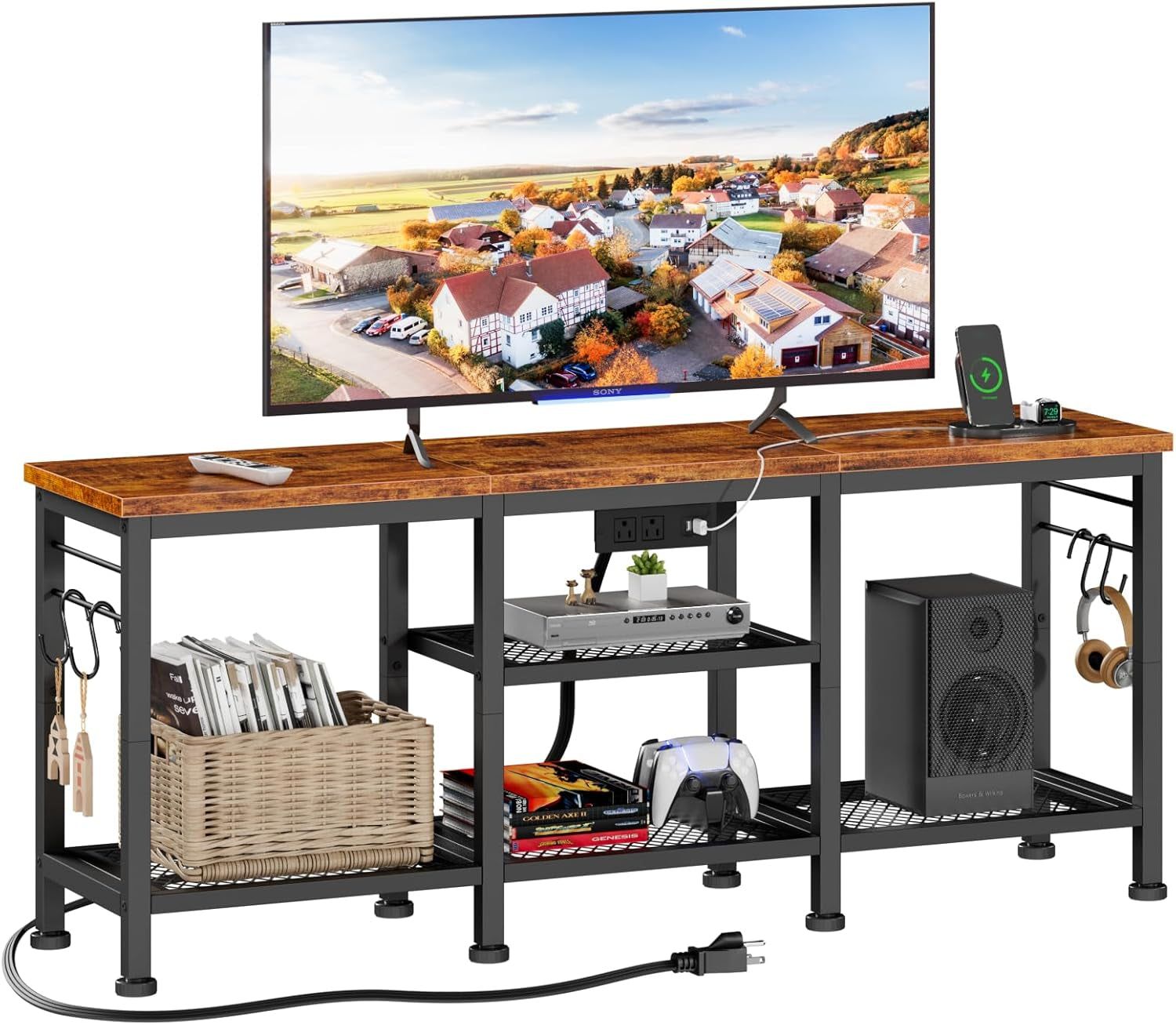 TV Stand with Power Outlets, Entertainment Center with Open Storage Shelves for Tvs up to 55 Inch, TV Media Console Table with Soundbar Shelf for Living Room, Bedroom, Rustic Brown
