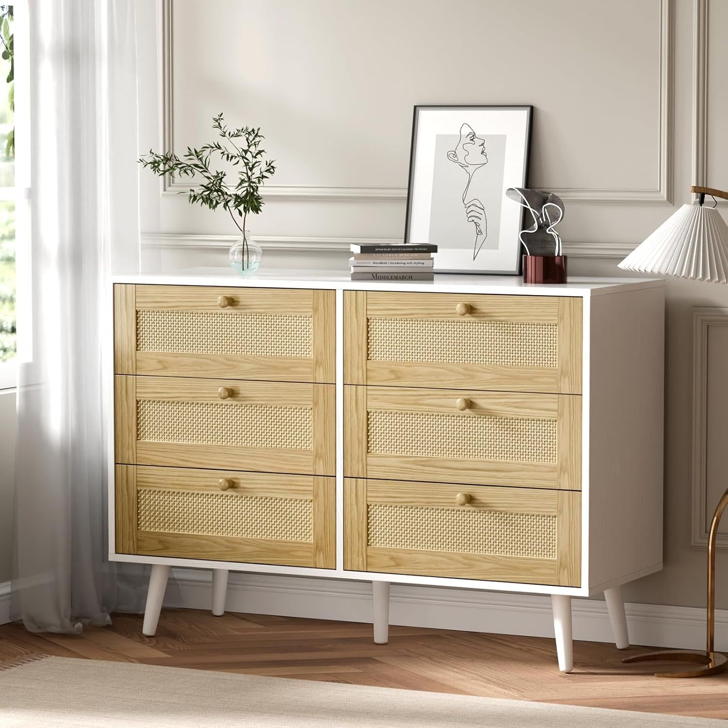 6 Drawer Rattan Modern Dresser for Bedroom, Wooden Dresser Chest with Handles for Bedroom, Living Room and Hallway, White