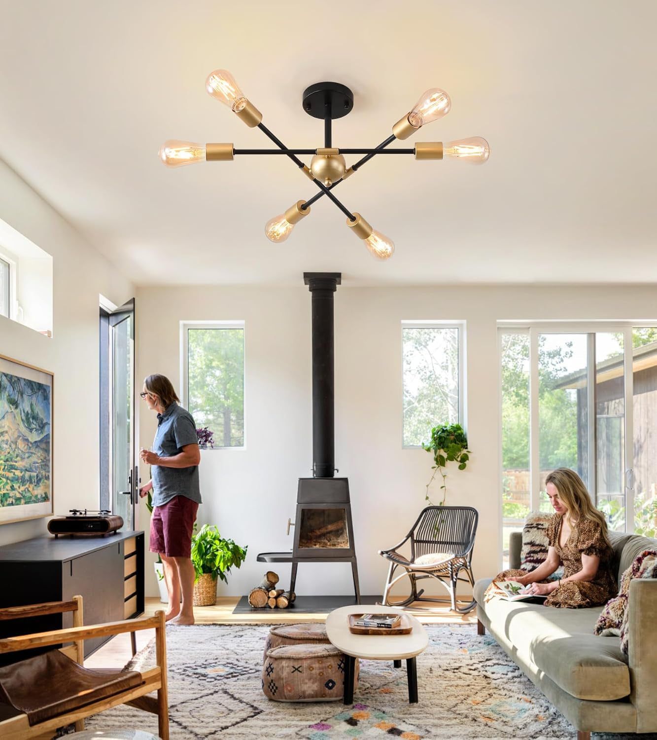 Modern Semi Flush Mount Ceiling Light Fixture Black and Gold Close to Ceiling Light 6-Light Sputnik Chandelier Light Fixture for Hallway Entryway Bedroom Kitchen Dining Room UL Listed