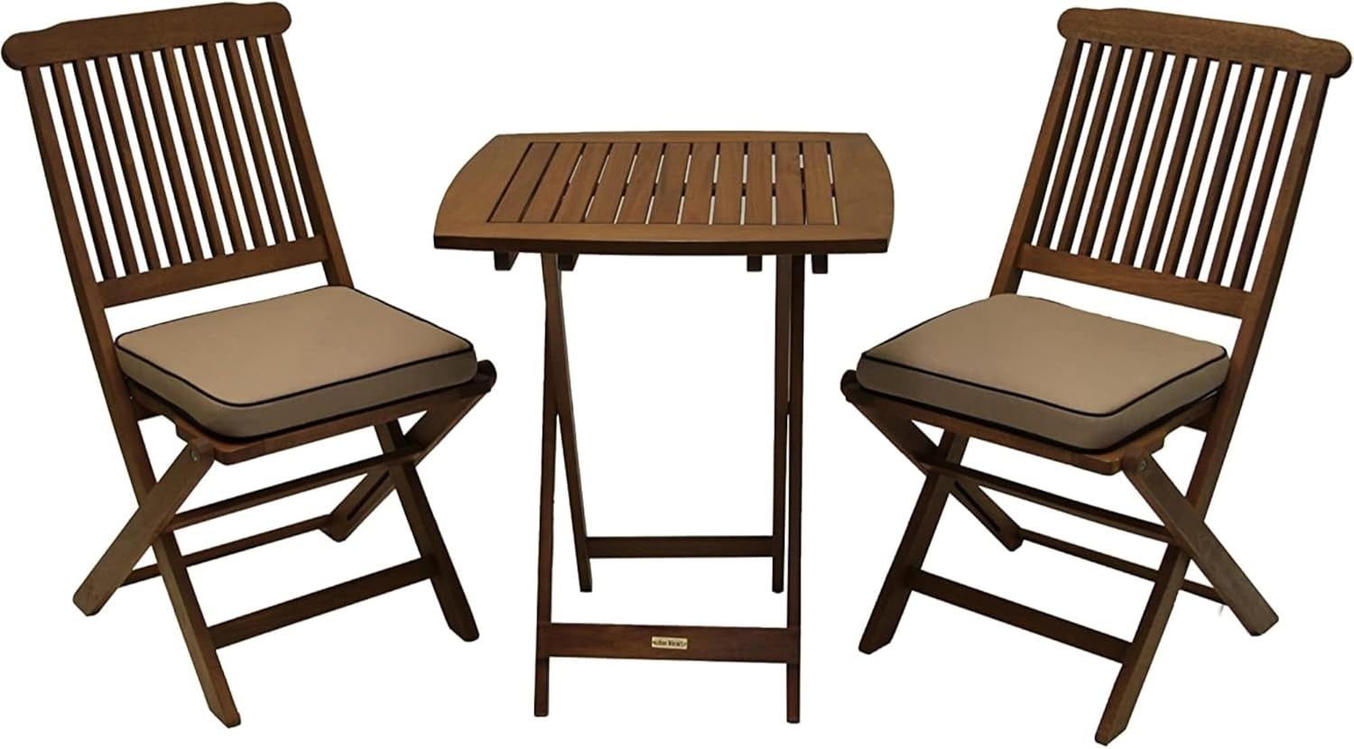 Eucalyptus Wood 3-Piece Square Foldable Bistro Outdoor Furniture Patio Set, Table and 2 Chairs with Cushions, Beige