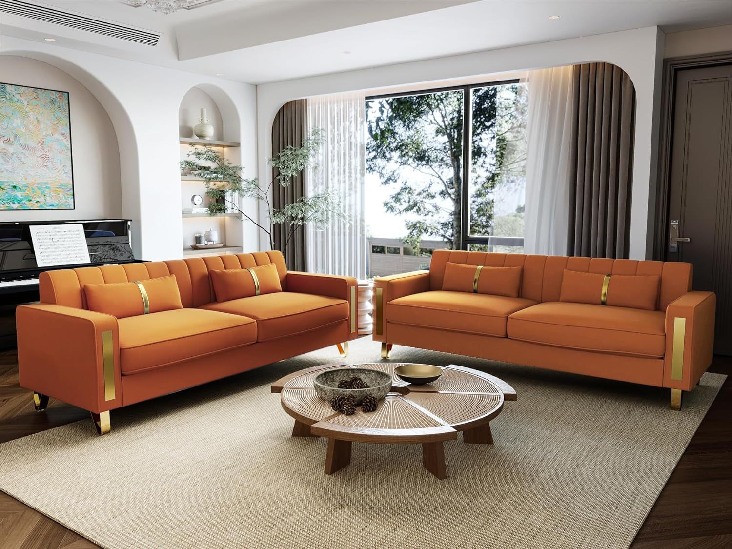 2-Piece Loveseat Couch Set for Living Room, 86&quot; Orange Velvet Sofa Couch with 4 Pillows &amp; Gold Metal Legs, Modern Upholstered Sofa Set Love Seat Sectional Couches for Apartment Home Office