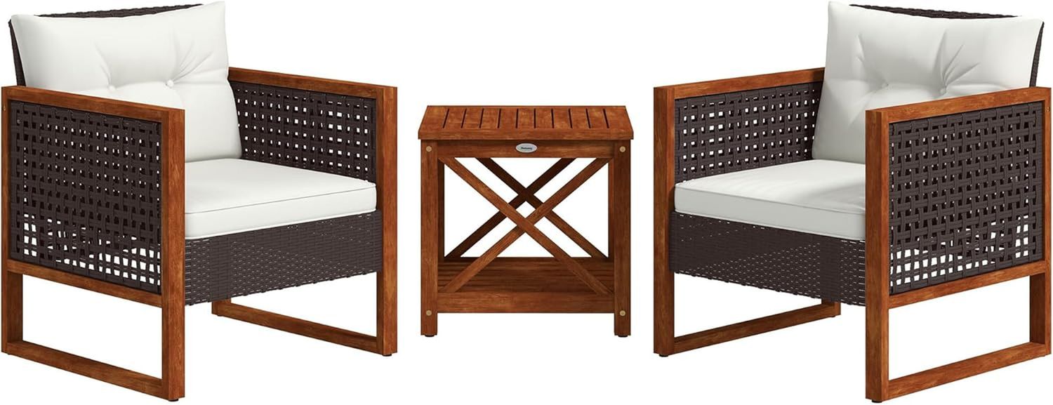 3 Pieces Wicker Outdoor Bistro Set, Rattan Patio Furniture Set with Acacia Wood Coffee Table and Porch Chairs for Backyard, Balcony, Garden, Brown