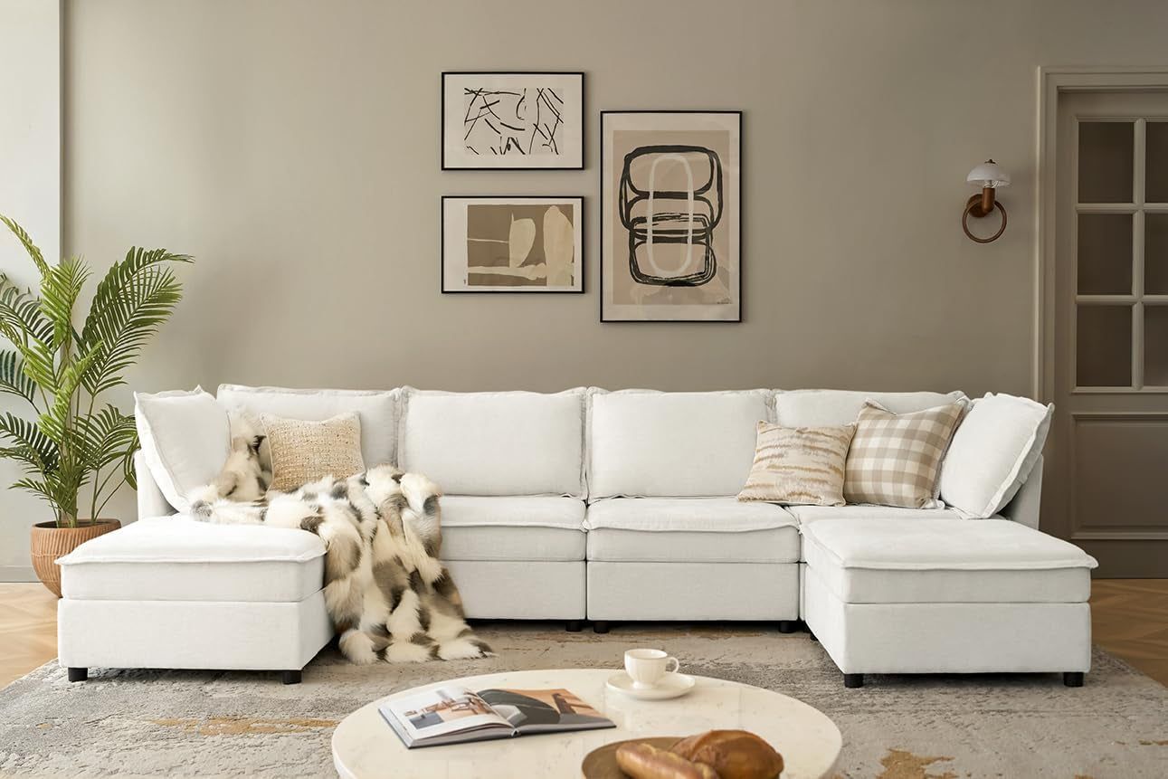 127&#39;&#39; Modular Sectional Sofa, Oversized U Shaped Couch with Storage Ottoman, Extra Deep Seat, Modern Comfy Chenille Sofa with Chaise, 6 Seat Convertible Couches for Living Room, White