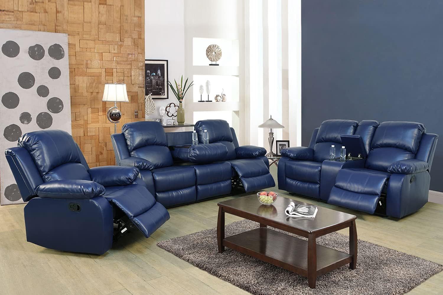 Blue Leather Reclining Sofa Set for Living Room Set,Recliner Sofa with Drop down Table/Double Recliner Loveseat with Storage Console/Recliner Chair/Faux Leather