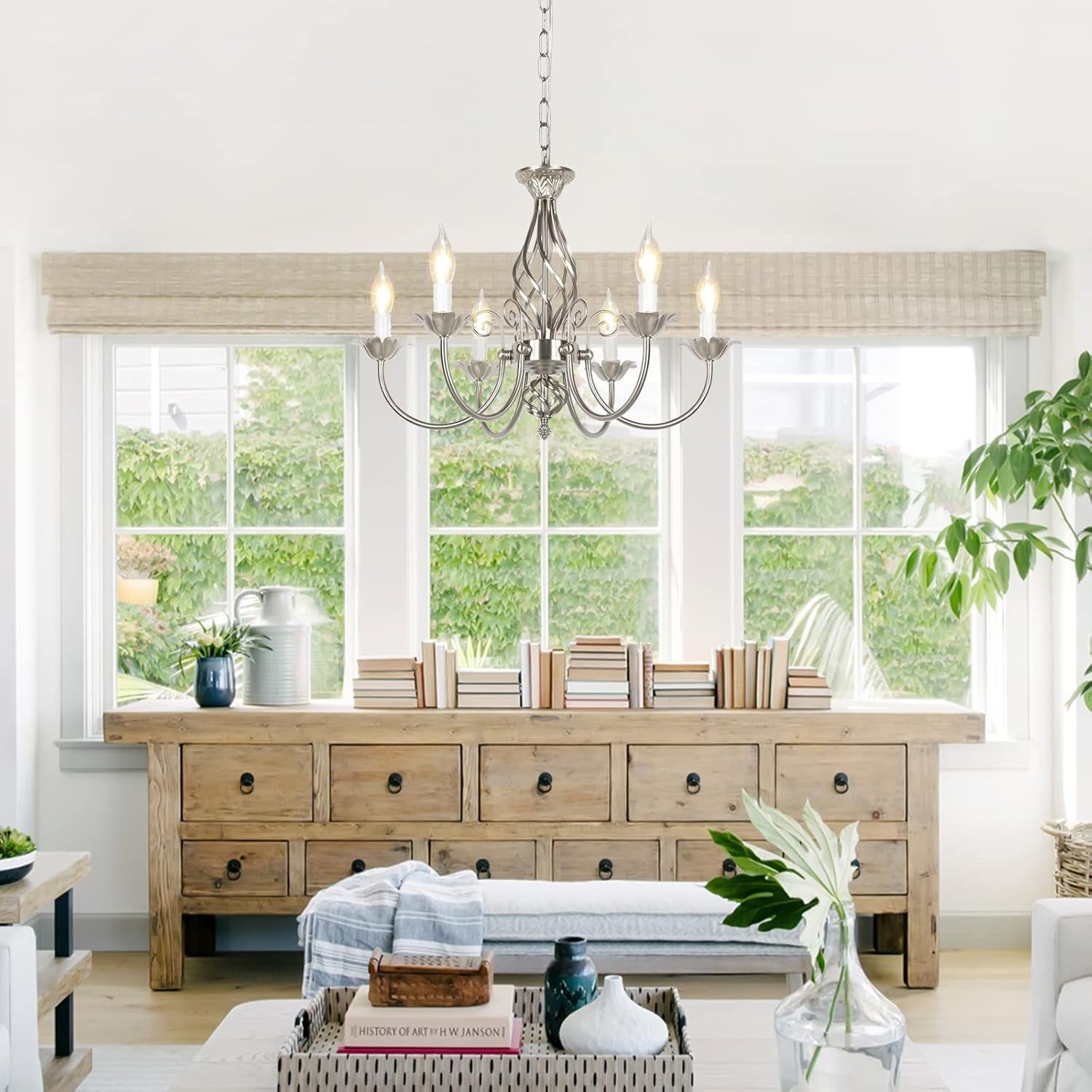 6-Light Farmhouse Candle Chandelier for Living Room, Rustic Industrial Pendant Ceiling Light Fixture, Brushed Nickle Modern Ceiling Hanging Lamp for Bedroom Hallway Kitchen Dining Room Foyer, E12 Base