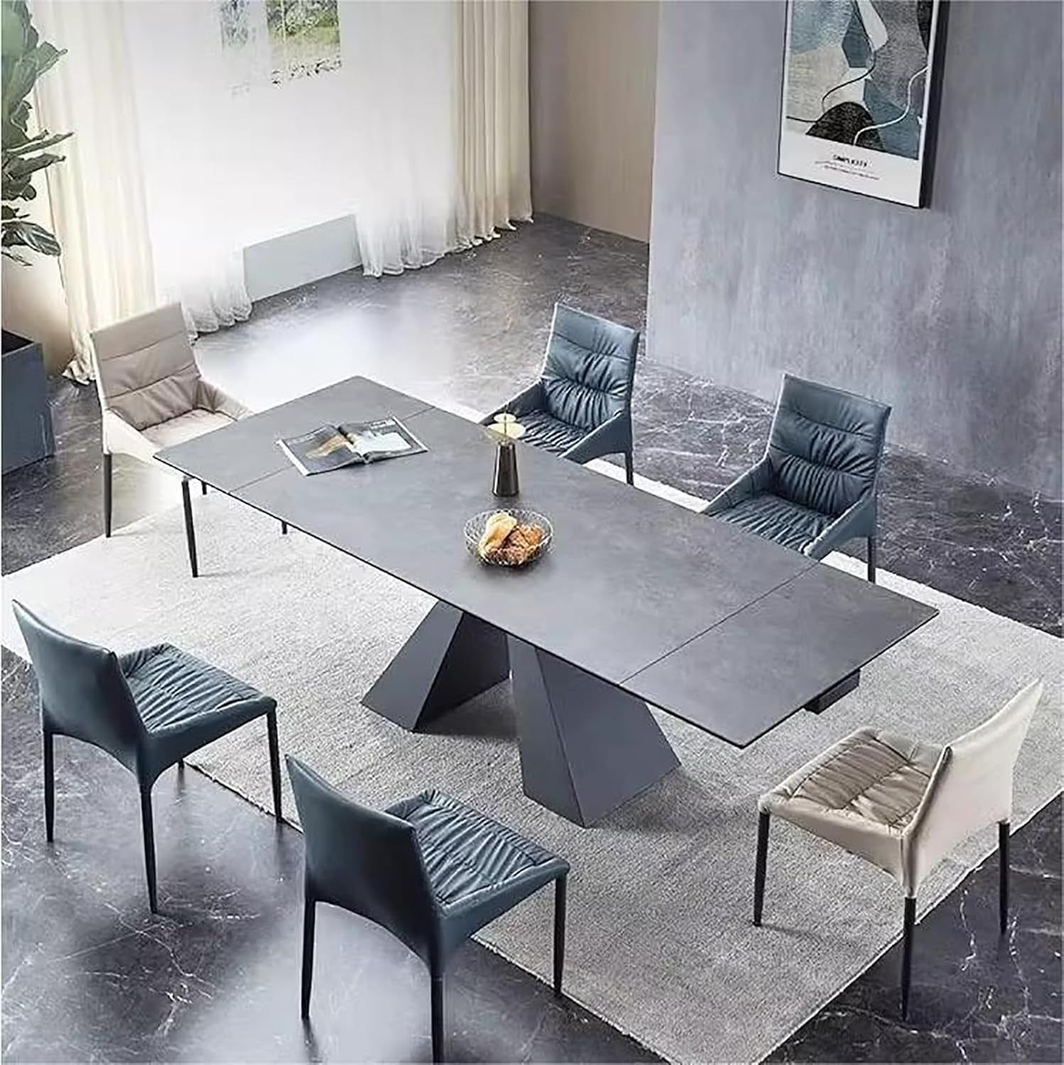 Extendable Dining Table for 8-12 Seat, Flexible Stretch, Tabletop Made from Rock Plate and Tempered Glass, Solid Carbon Steel Base, 35.4&quot; D X 94.5&quot; W X 30&quot; H, Dark Grey