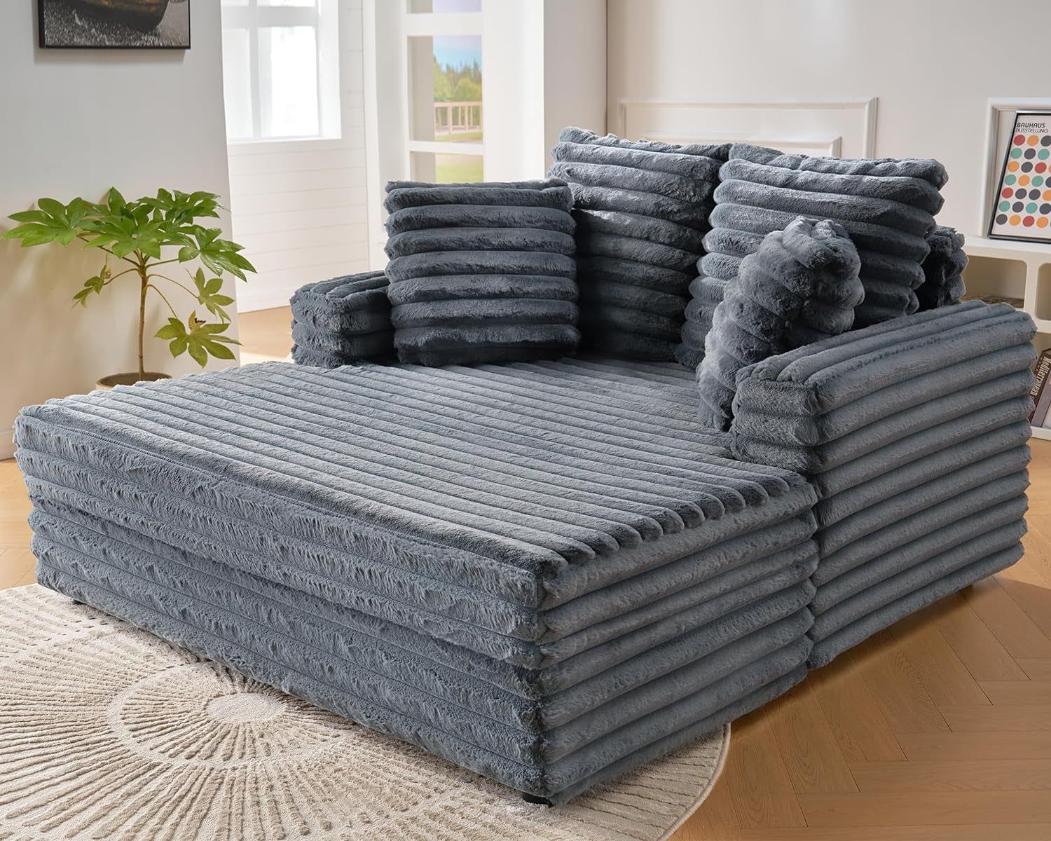 53 Inch Chaise Lounge Indoor, Plush Sleeper Chair with Throw Pillows, Upholstered Sofa Bed with Armrests, Plush Chair Bed for Living Room(Grey)