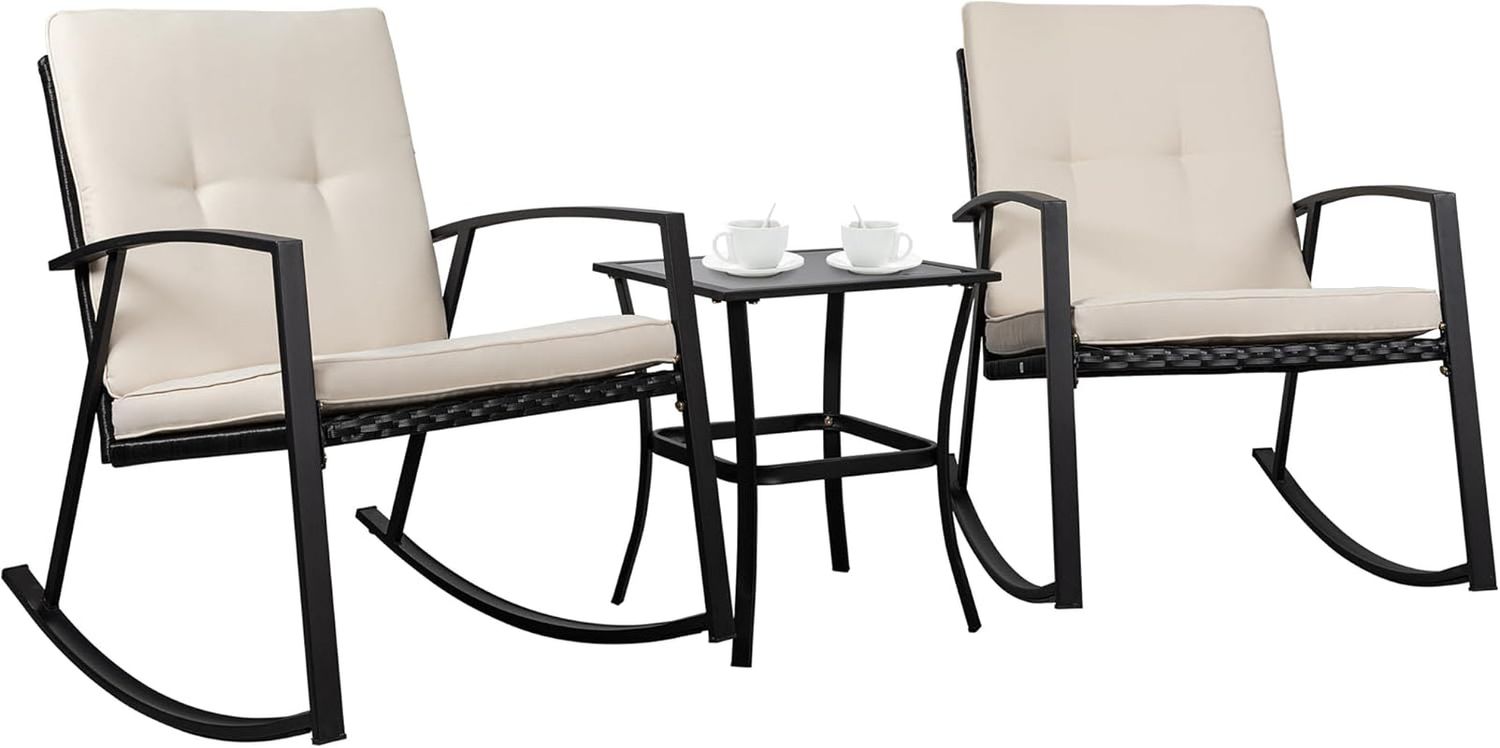 3 Pieces Rocking Bistro Set Wicker Patio Outdoor Furniture, 2 Rattan Porch Chairs Conversation Sets with Glass Coffee Table (Beige)