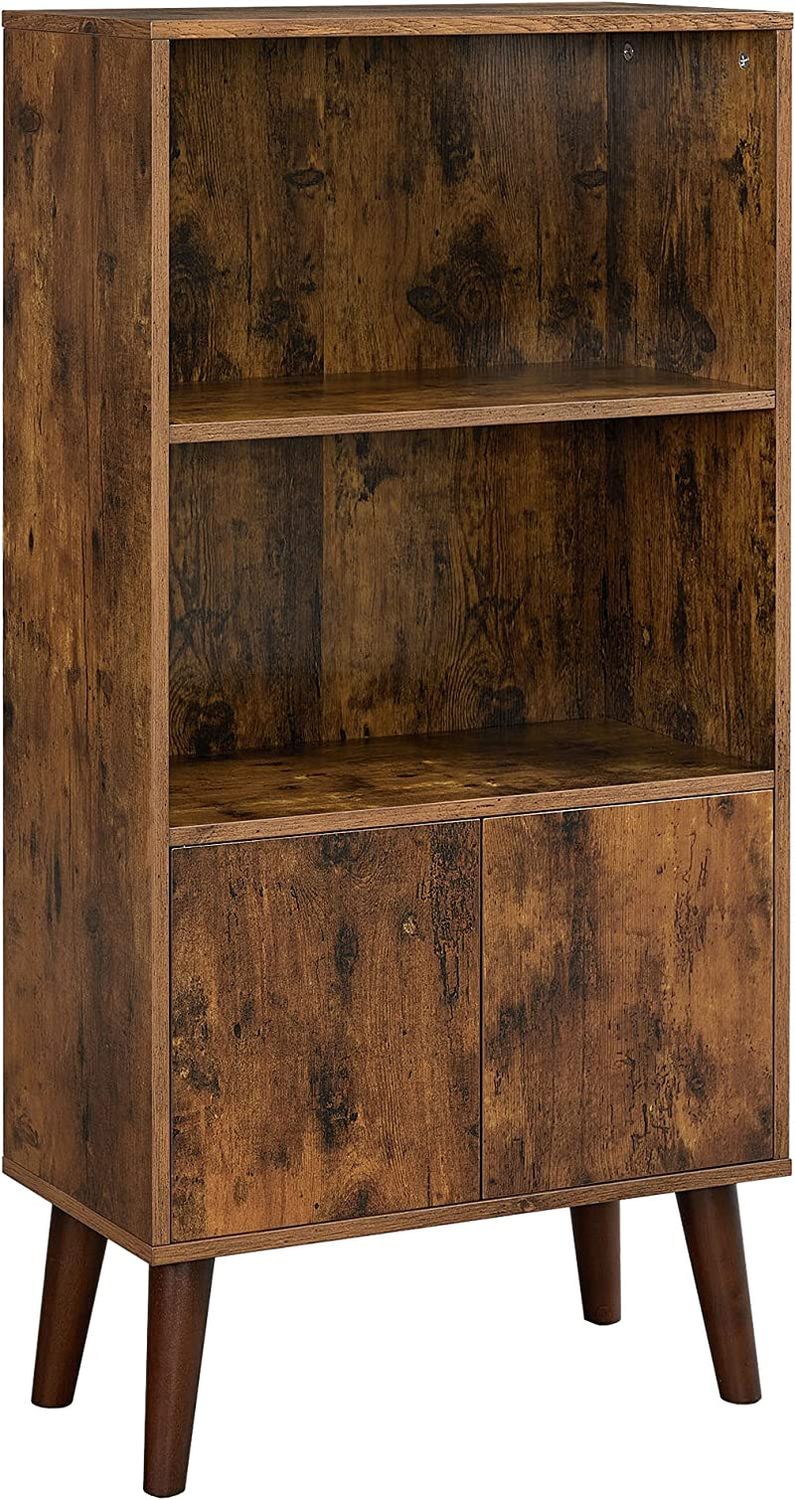 Bookcase, 2-Tier Retro Bookshelf with Doors, Storage Cabinet for Books, Photos, Decorations in Living Room, Office, Study, Mid-Century Style, Rustic Brown ULBC09BX