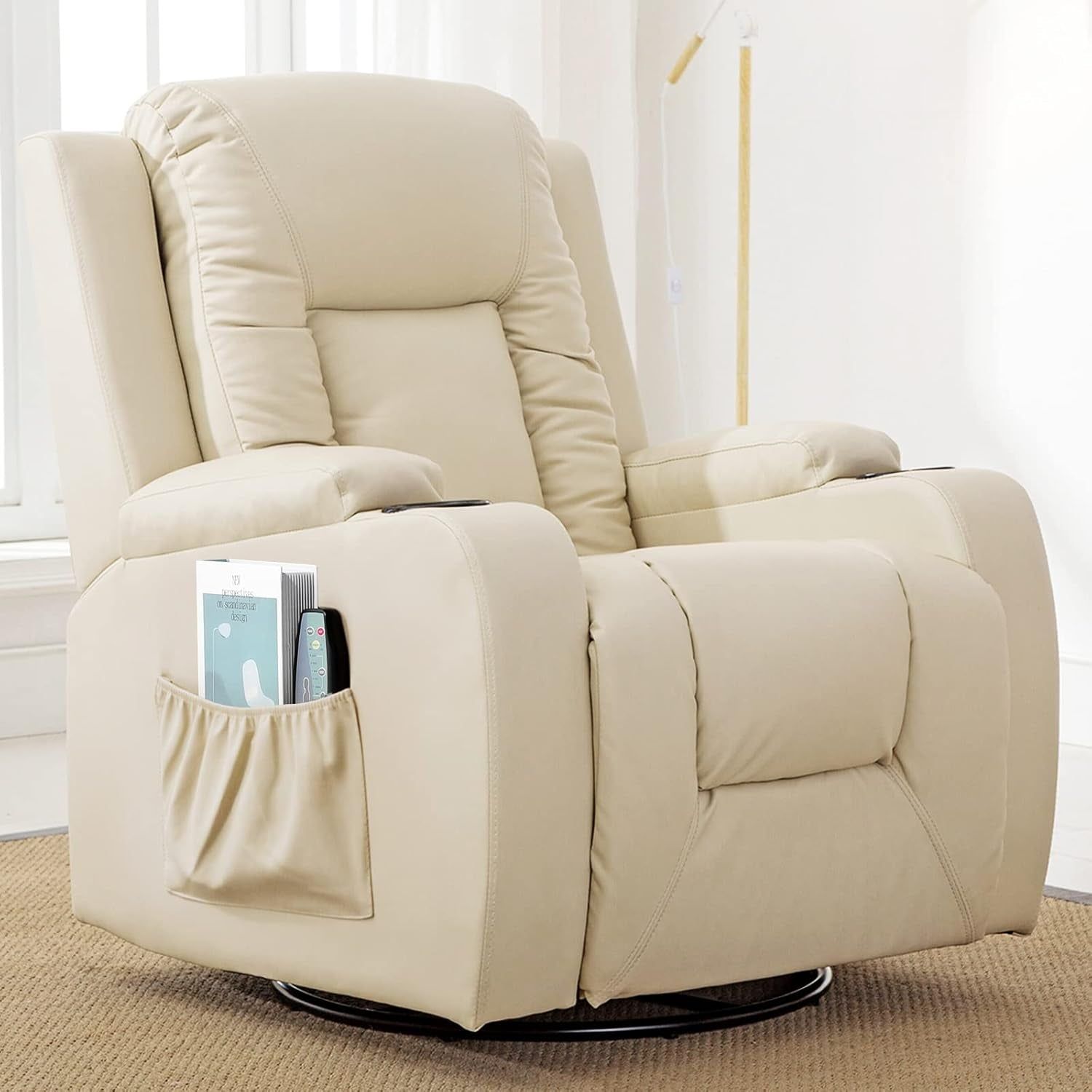 Recliner Chair, PU Rocking Chair for Adults, Swivel Recliner with Cup Holders, Heat and Massage, Single Sofa Seat with Side Pockets for Living Room, Bedroom (White)