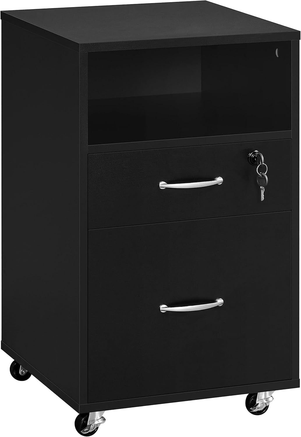 File Cabinet, under Desk Vertical Cabinet with 2 Drawers and Open Compartment, Printer Stand with Lockable Wheels for A4 Letter Size Hangable File Folders for Home Office(Black)