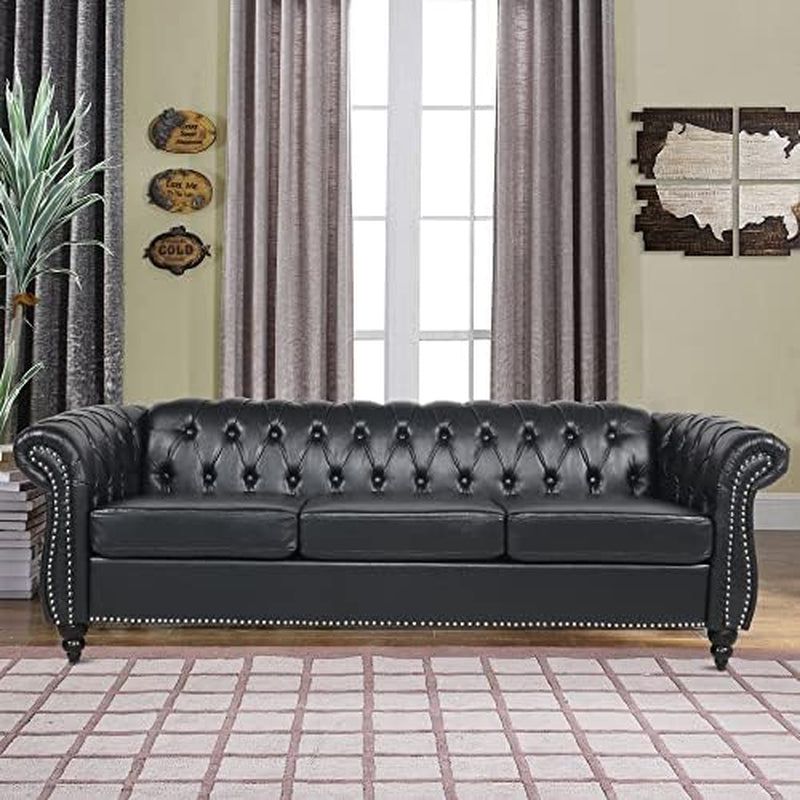 Modern 3 Seater PU Chesterfield Sofa, Upholstered Tufted Button Leather Chesterfield Couch, Classic Faux Leather Settee with Nailhead Trim Scroll Arms for Living Room Bedroom(Black)