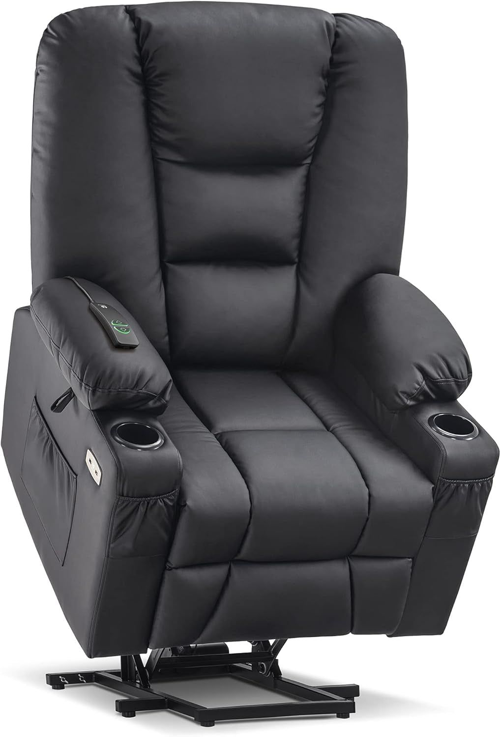 Large Power Lift Recliner Chair Sofa with Massage and Heat for Big and Tall Elderly People, 3 Positions, Cup Holders, and USB Ports, Faux Leather 7539 (Large, Black)