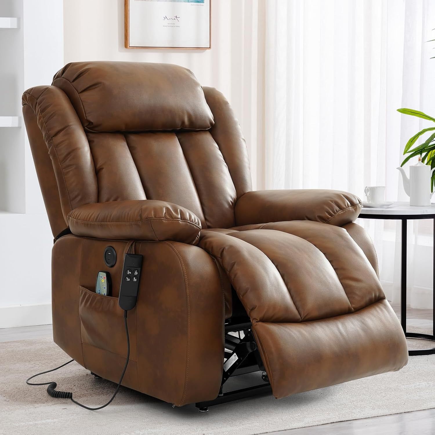 Dual Motor Large Power Lift Recliner Chair Recliners for Elderly, Infinite Position Recliner Chair with Heat and Massage, Breathable Leather(Ochre)