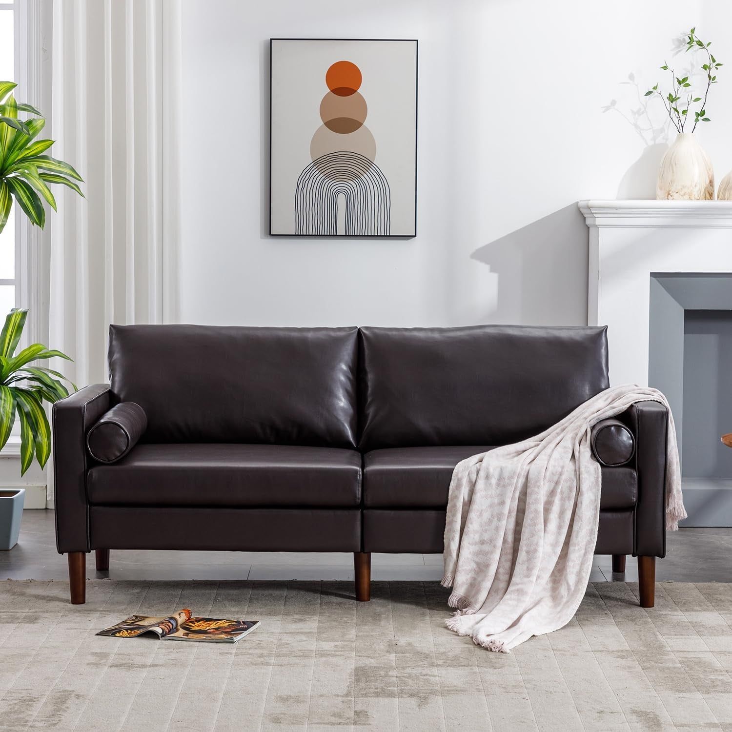 Black Leather Mid-Century Modern Loveseat (77&quot;) rana