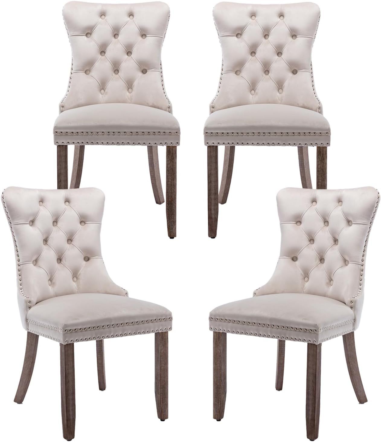 Velvet Dining Chairs Set of 4, Tufted Upholstered Dining Room Chairs with Back Ring Pull, Nailhead Trim and Solid Wood Legs, Modern Dining Chairs for Dining Room, Kitchen(Beige)