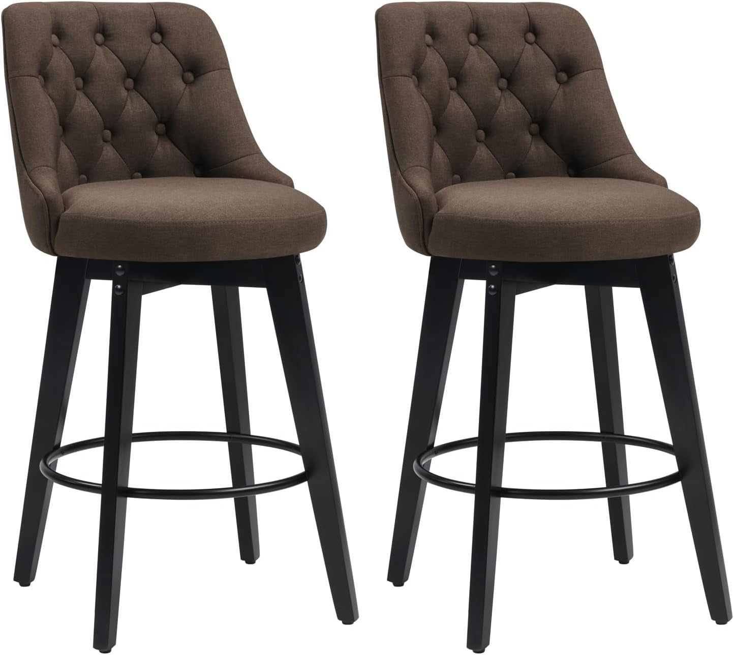 Bar Stools Set of 2, Swivel Barstools with Backs and Wood Legs, 27&quot; Linen Fabric Upholstered Bar Chairs for Kitchen Island, Dining, Cafe, Pub（Sepia）