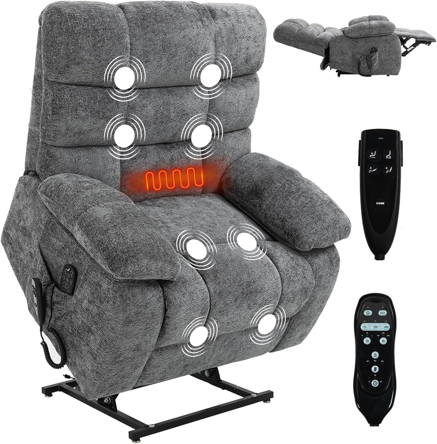 Lay Flat Recliner with Vibration Massage and Lumbar Heating, 26&#39;&#39; Wide Recliner Chair with Infinite Position and 2 Remote Controls, Soft Chenille Lift Recliner for Living Room, Gray