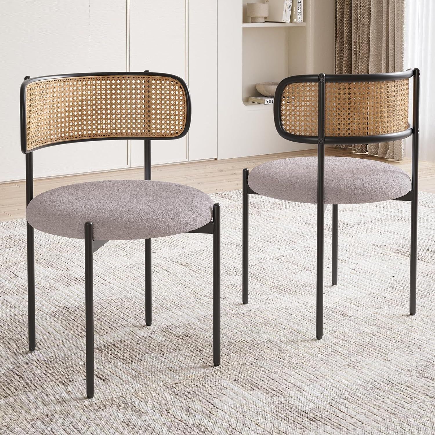Kitchen Chairs Set of 2, Mid-Century Modern Dining Chairs,Kitchen Dining Room Chairs, Rattan Backrest round Upholstered Sherpa Dining Chairs(Gray)
