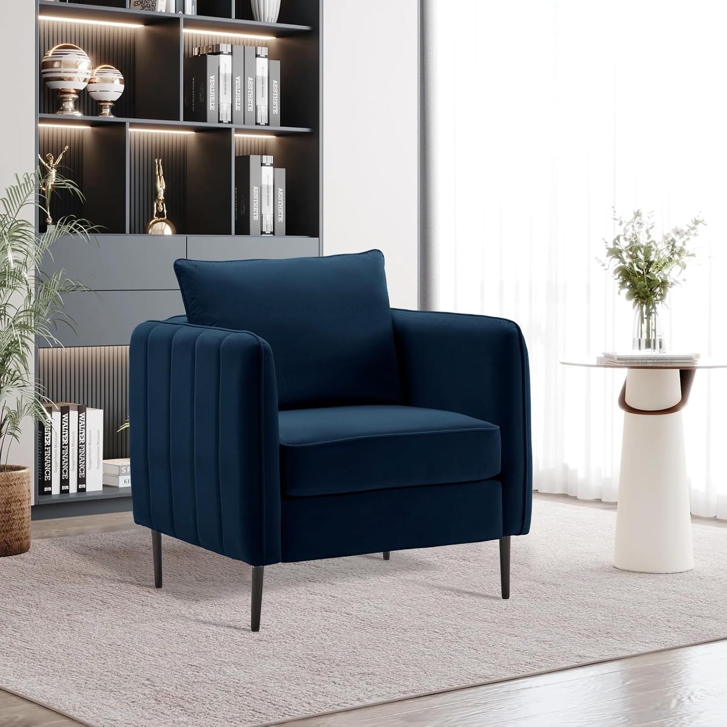 Modern Velvet Accent Chair, Single Sofa Chairs Armchair with Square Arm, Upholstered Accent Chairs for Living Room, Bedroom, Apartment (Navy Chair)