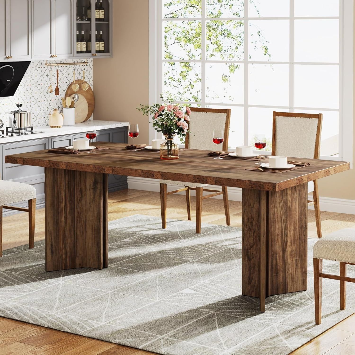 63-Inch Dining Table for 4-6, Farmhouse Kitchen Table with Large Tabletop, Rectangular Dinner Eating Table for Dining Room, Living Room, Kitchen, Dark Brown