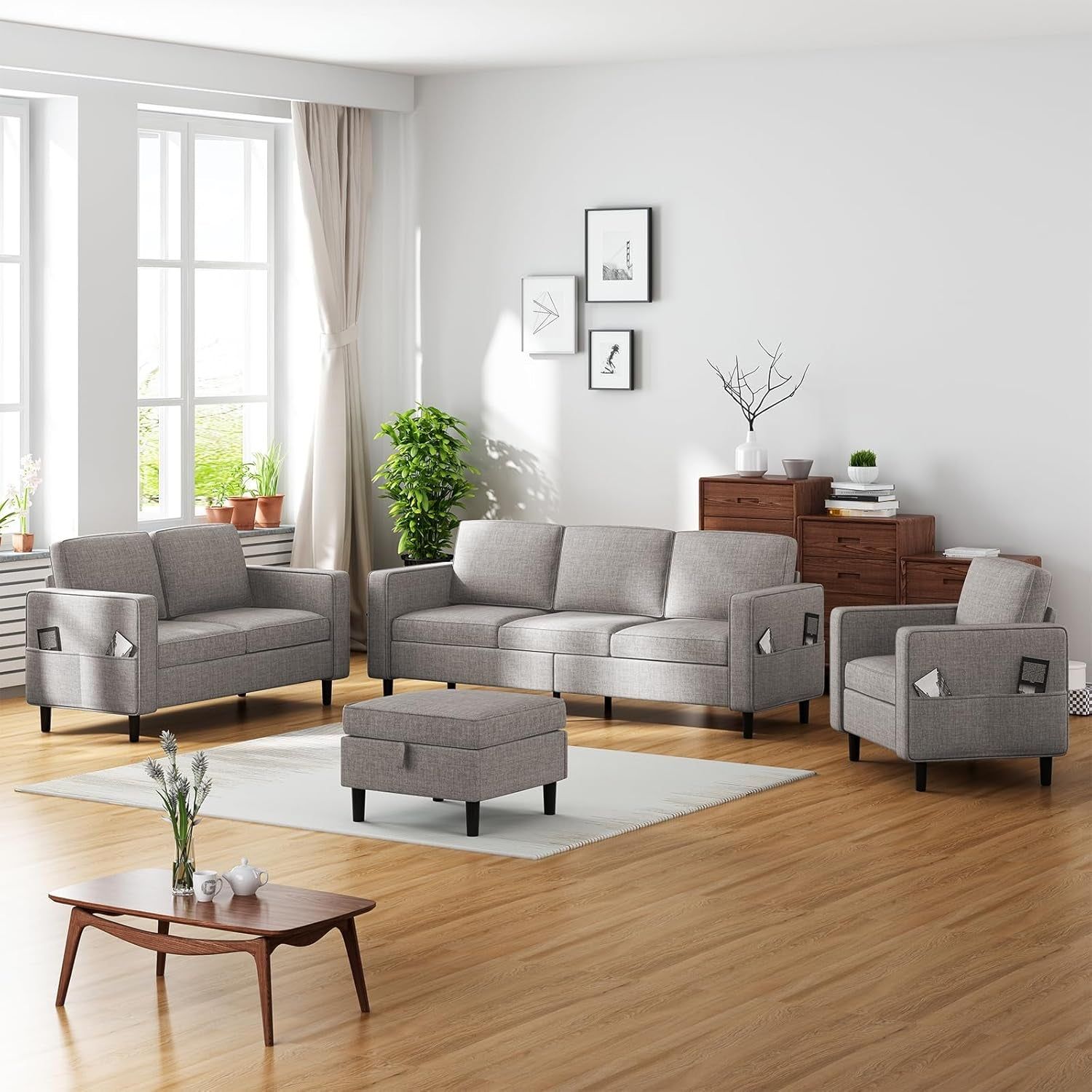 6 Seaters Sectional Upholstered Sofa, Linen Fabric Sofa Couch with Side Pockets, Free Combination Sofa Set with Movable Storage Ottoman, for Living Room-Sofa&amp;Loveseat&amp;Chair&amp;Ottoman,Light Grey