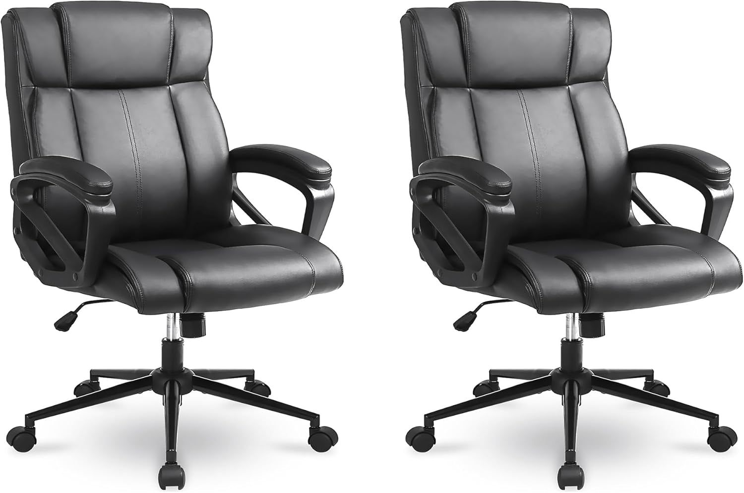 Executive Office Chair, Ergonomic Home Office Desk Chair with Wheels, Thicken Armrest and Lumbar Support, Upholstered Leather Mid-Back Computer Gaming Chair (Black, Set of 2)