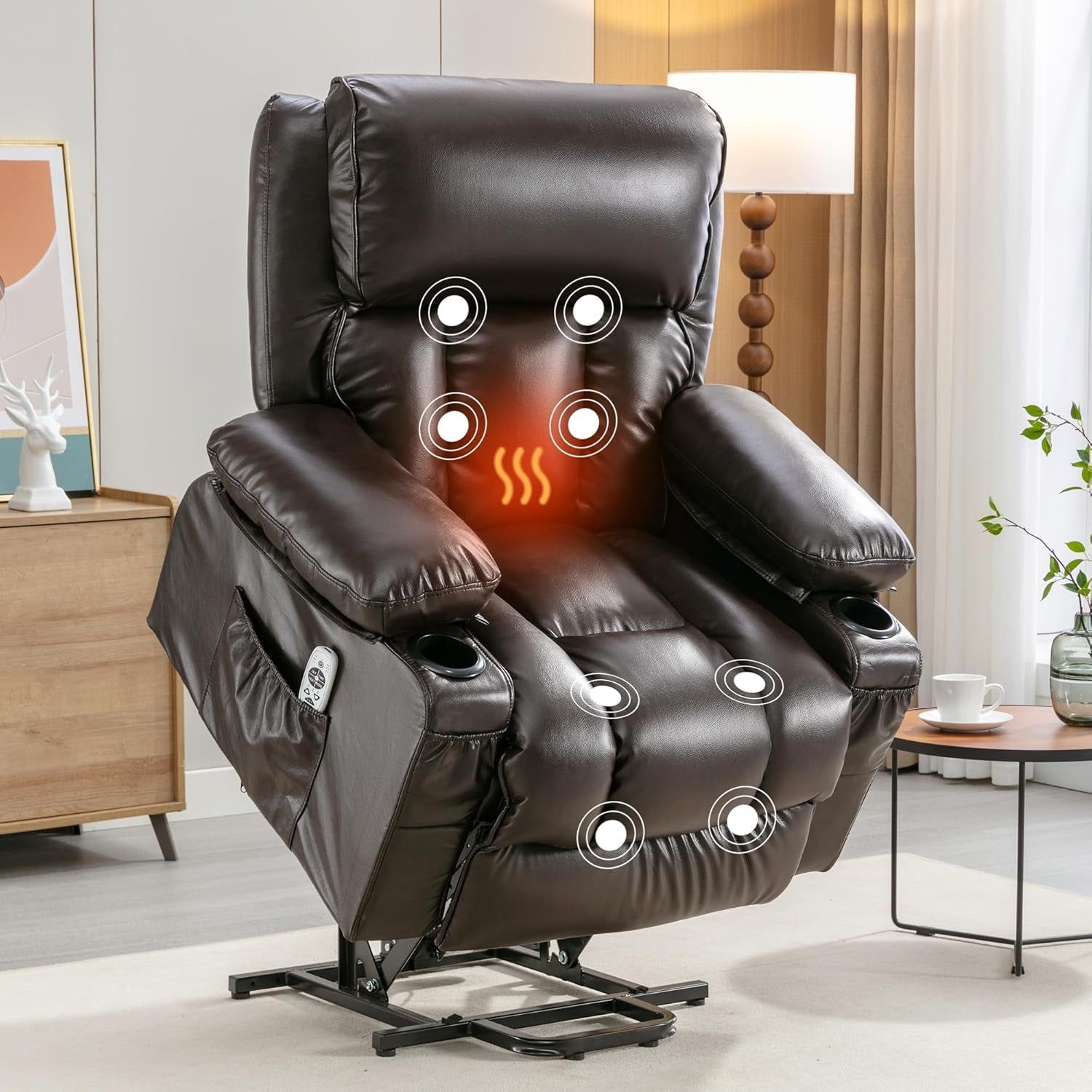 XL23 Power Lift Recliner with Massage &amp; Heat - Large Electric Chair for Elderly with USB Port, Cup Holders, Side Pockets - Living Room Bedroom Sofa(Brown)