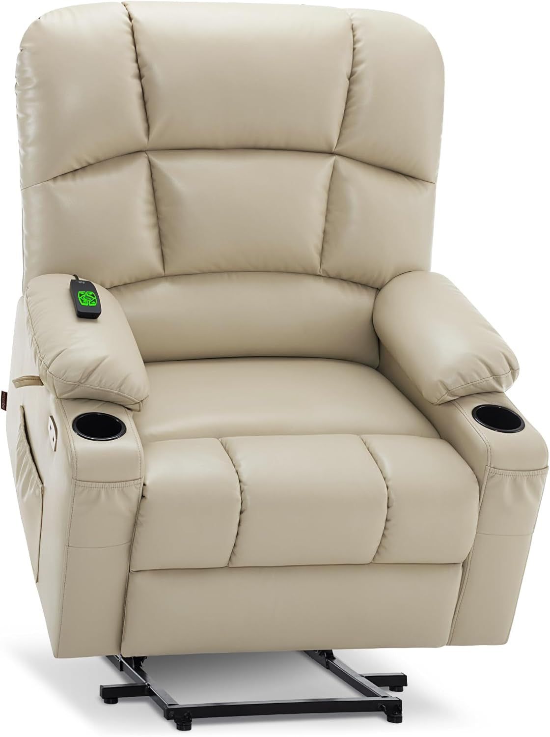 Medium-Wide Lay Flat Dual Motor Power Lift Recliner Chair Sofa with Massage and Heat for Elderly People, Infinite Position, Faux Leather R7677 (Beige, Medium-Wide)