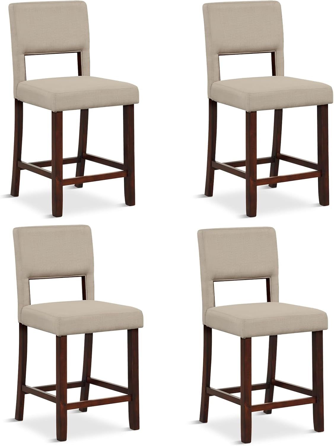24.5&quot; Counter Height Bar Stools Set of 4, Linen Barstools with Back, Rubber Wood Legs, Max Load 400 Lbs, Modern Upholstered Bar Dining Chairs for Kitchen Island Pub, Beige