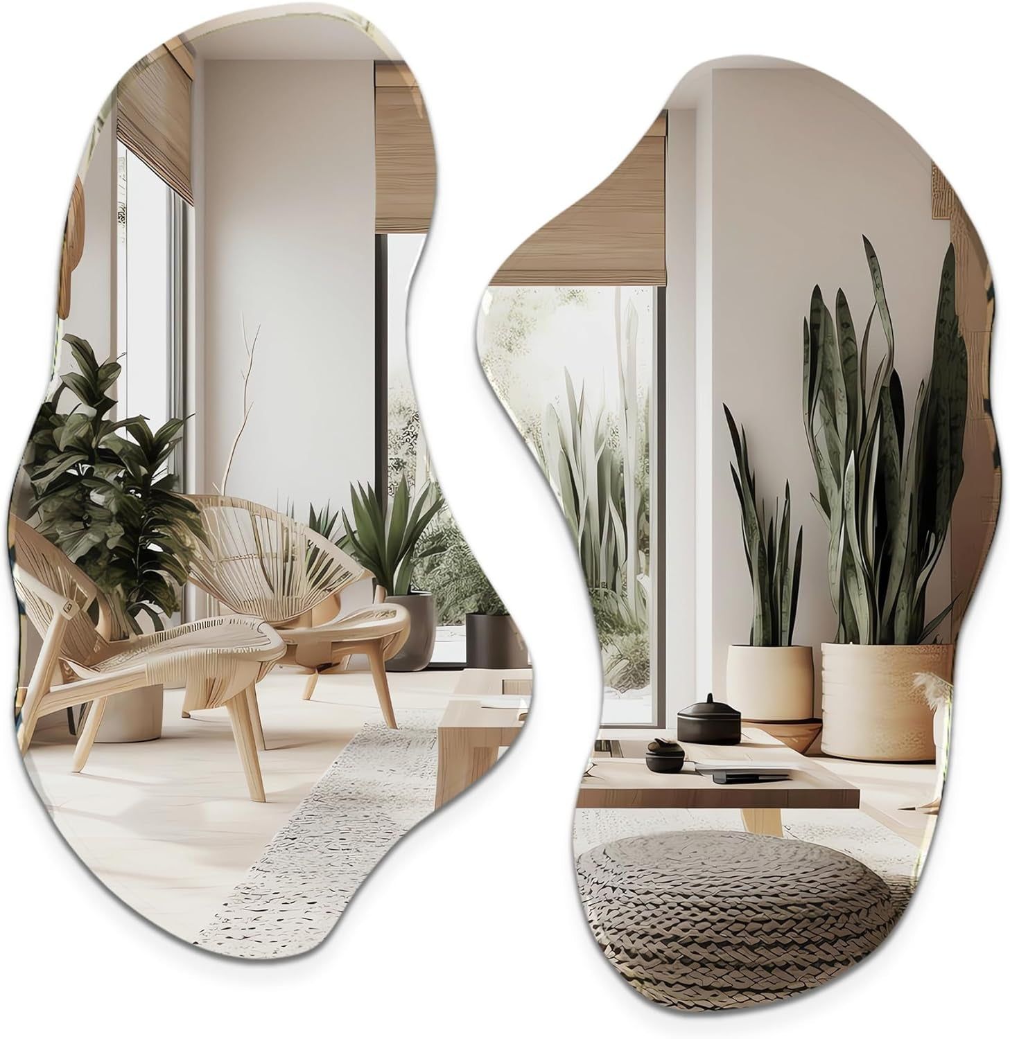 Set of 2 Irregular Wall Mirrors, 31.5 X 17.5, Asymmetrical Curved Decor for Living Room, Entryway, and Bathroom