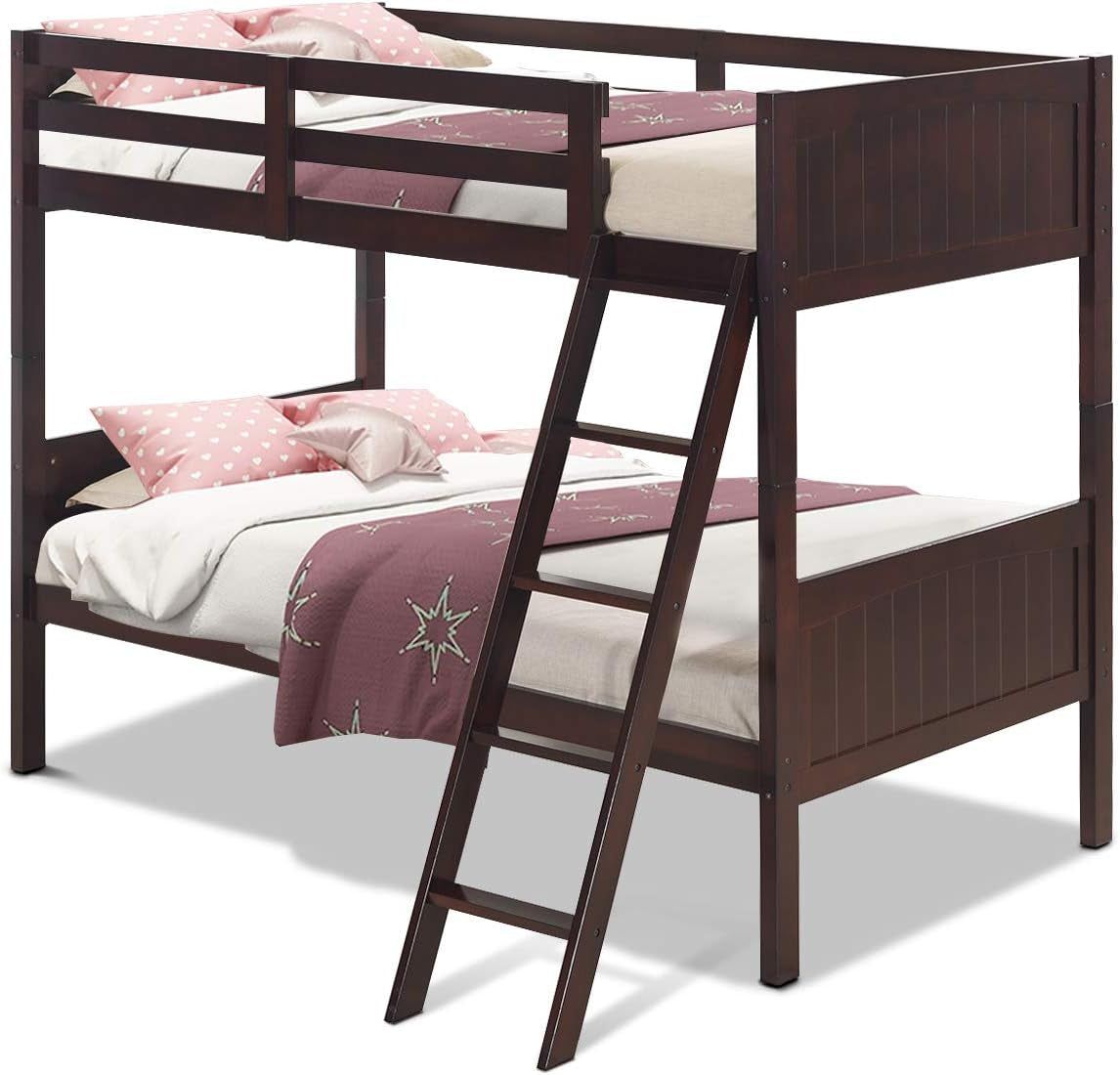 Wood Twin over Twin Bunk Beds Convertible 2 Individual Twin Beds for Kids Children, Solid Rubberwood Bunk Bed with Ladder and Safety Rail (Espresso)