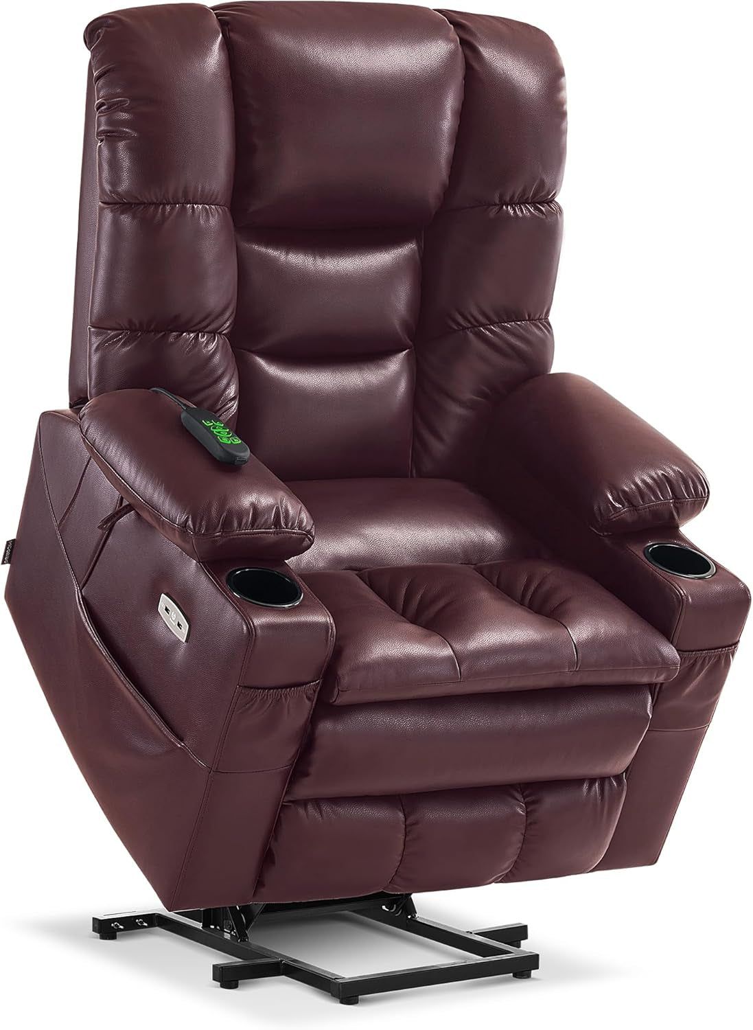 Dual Motor Power Lift Recliner Chair with Massage and Dual Heating, Adjustable Headrest for Big and Tall Elderly People, Faux Leather 7634 (Wine, Large-Regular)