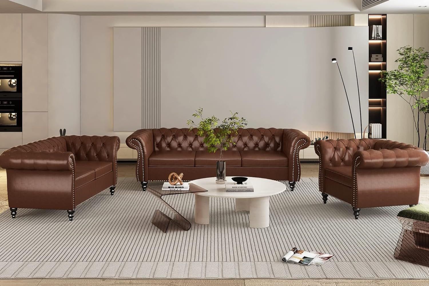 3 Piece Living Room Sofa Set, Chesterfield 3 Seat Sofa Loveseat Sofa Armchair, Modern Leather Couch Set with Rolled Arms and Nailhead Upholstered for Living Room, Office and Apartment, Brown