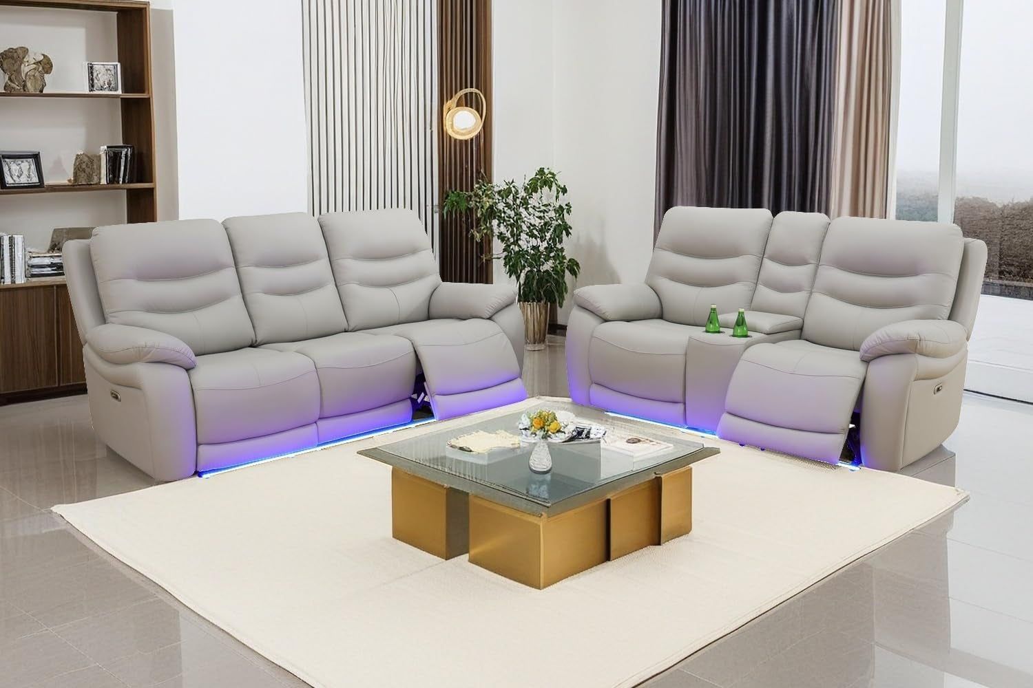 LED Power Recliner Sofa for Living Room Furniture Set, Leather Sectional Sofa Set, Reclining Sofa and Loveseat with USB Port/Storage Console/Cup Holders(Grey Sofa+Loveseat)