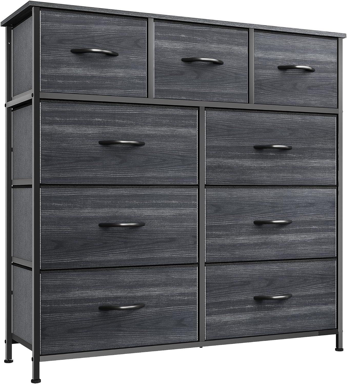 Dresser for Bedroom with 9 Drawers - Fabric Storage Tower, Tall Chest Organizer Unit for Living Room, Entryway, Closets with Sturdy Steel Frame, Wooden Top