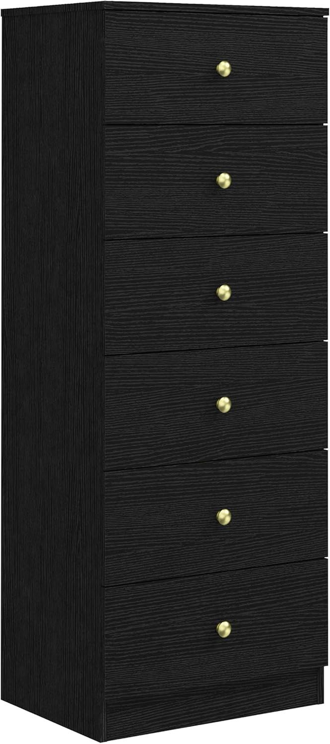 Modern 6 Drawer Vertical Dresser, Wood Tall Chest of Drawers N Arrow Storage Organizer with Wide Drawers &amp; Metal Gold Handles for Bedroom, Living Room, Office, Hallway, Entryway (Black)