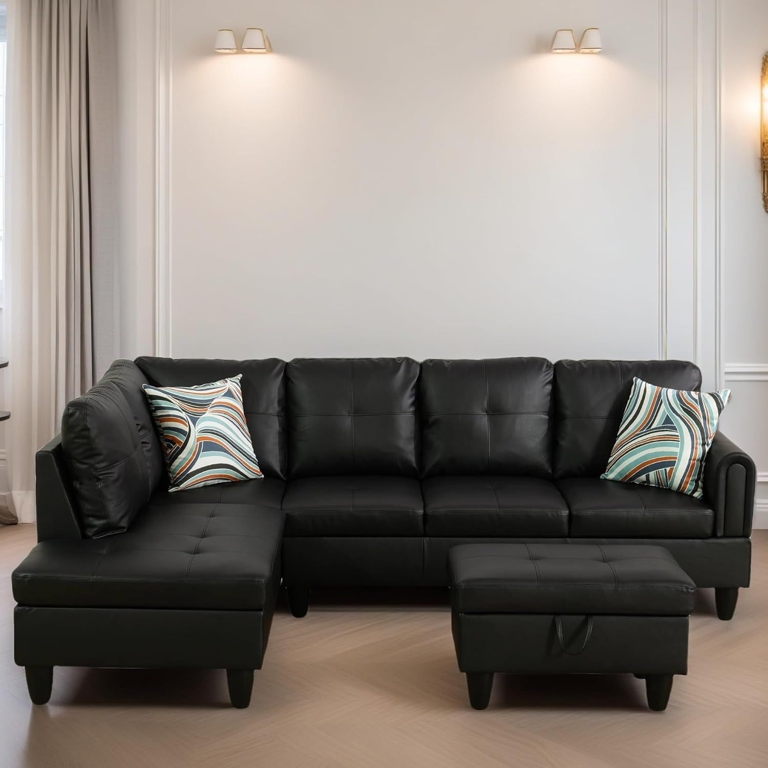 L Shaped Sectional Couches for Living Room, Modular Sectional Sofa with Ottoman Storage, Modern Comfy 4 Seat L Shaped Couch with Chaise for Bedroom Apartment Furniture, Black