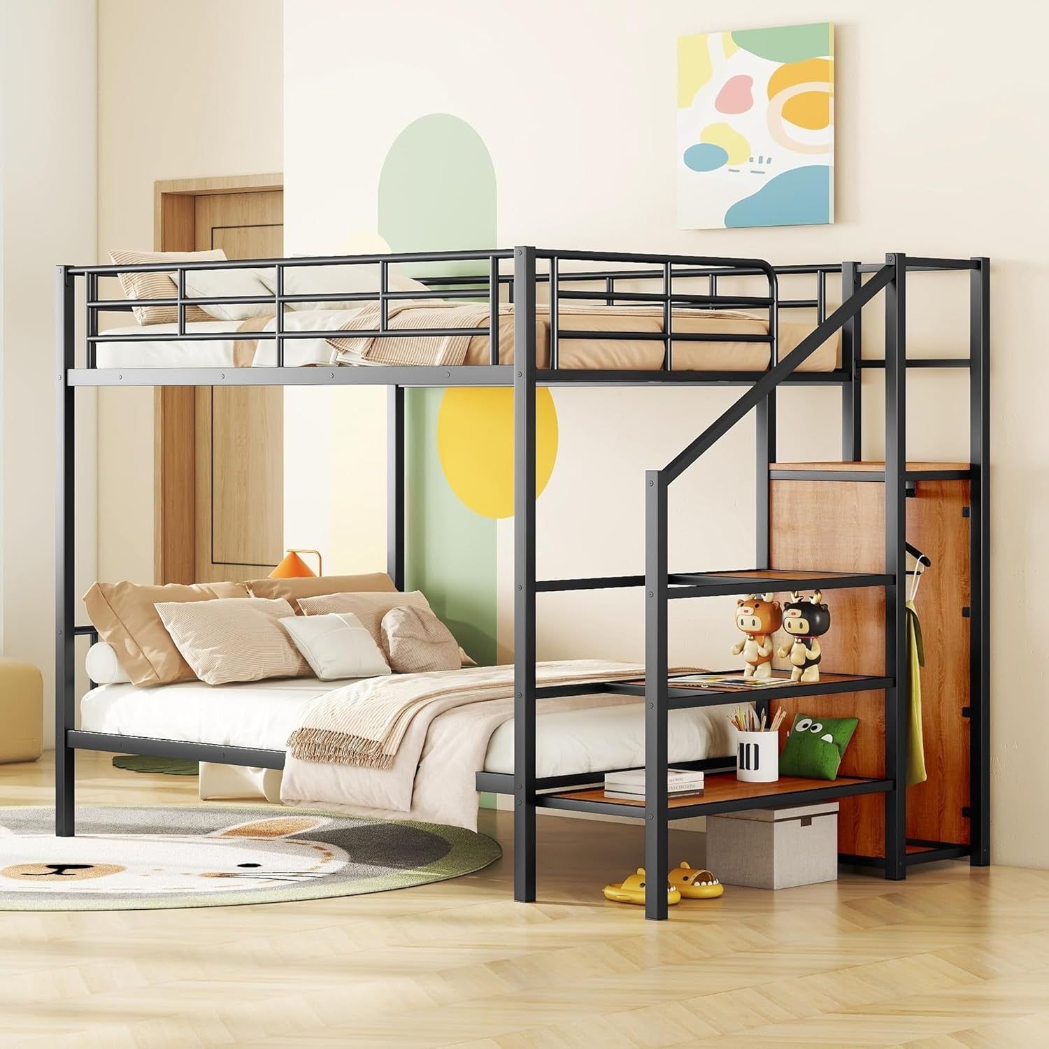 Full over Full Metal Bunk Bed，Bunk Bed with Storage Stairs and Wardrobe, Bunk Bed for Adults/Kids/Teens, Bunk Bed for School, Bedroom, Black