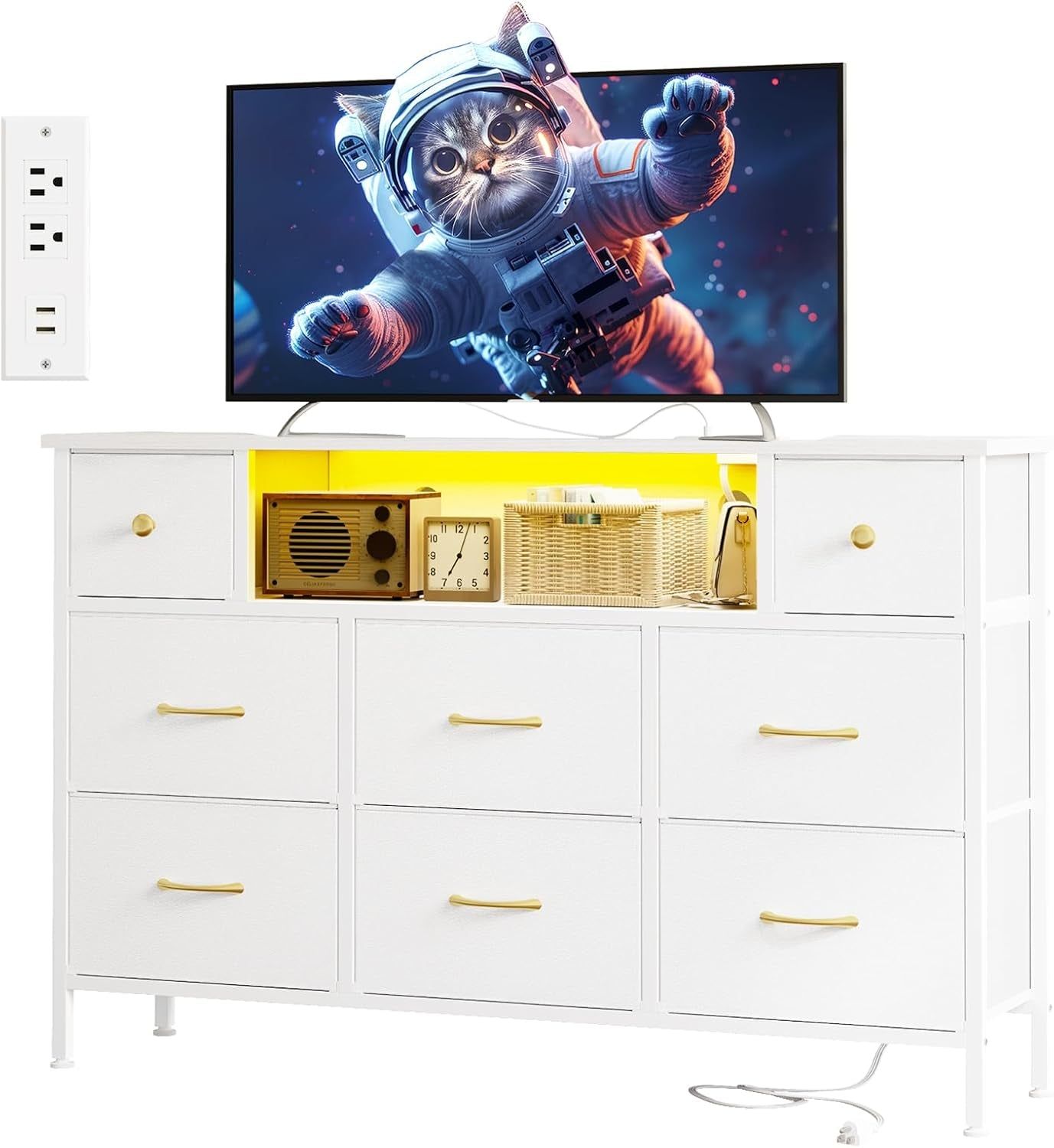 Dresser for Bedroom with Power Outlets and LED Lights, White 55&quot; TV Stand with 8 Drawers, Fabric Chest of Drawers with PU Finish for Living Room, Entryway