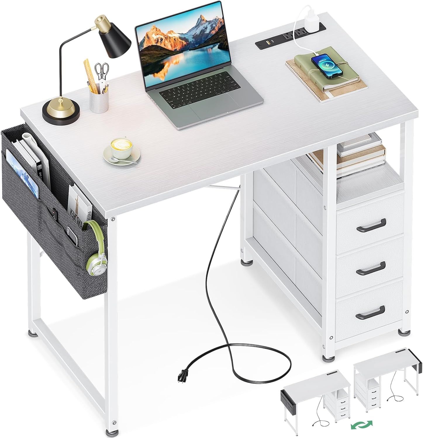 32-Inch Small Vanity Desk with Fabric Drawers and Charging Station, Kids Girls Teen Study Writing Desk for Bedroom, Home Office Computer Desk with Storage Shelf &amp; Bag for Small Space, White