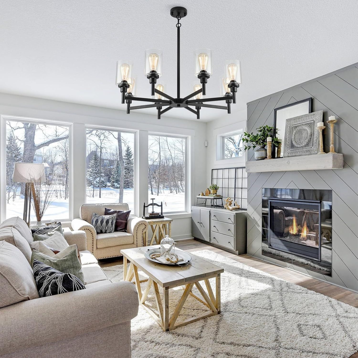 Black Chandeliers for Dining Room Light Fixture, Modern Farmhouse Chandeliers, 8 Lights with Clear Glass Shade Industrial Chandelier for Living Room Kitchen Island