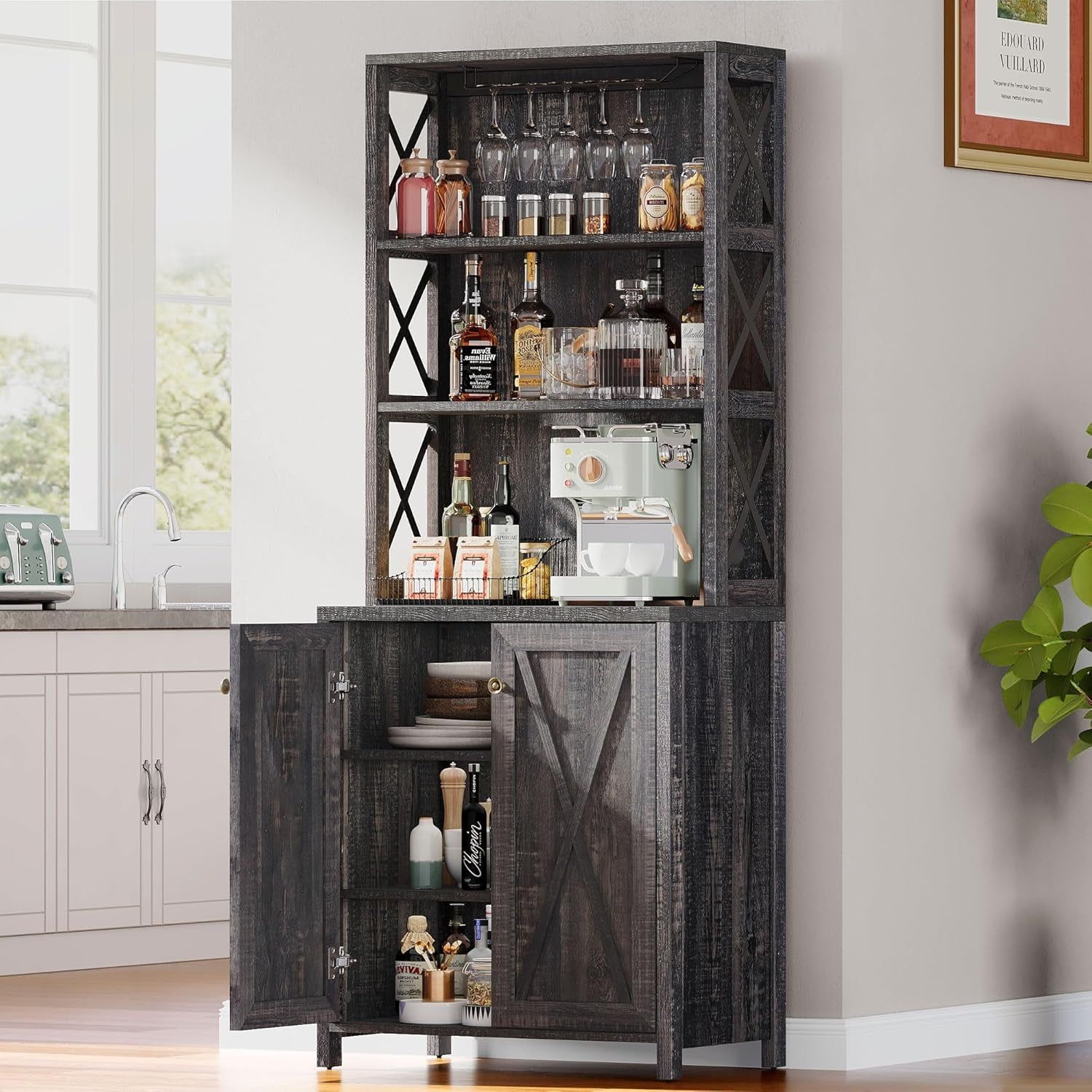 67&quot; Tall Wine Bar Cabinet for Liquor and Glasses, Farmhouse Kitchen Cabinet Coffee Bar with Adjustable Shelves, Open Storage Shelves, Buffet Kitchen Cabinet for Dinning Room, Kitchen, Rustic Oak